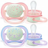 Philips avent соска-пустышка силиконовая ultra air, ночная 0–6 месяцев, 2 штуки / цвет розовый и сиреневый					